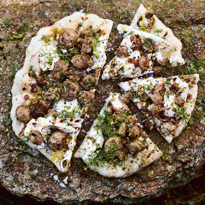 Flatbread with Chile and Fennel Sausage, Burrata and Herbs 