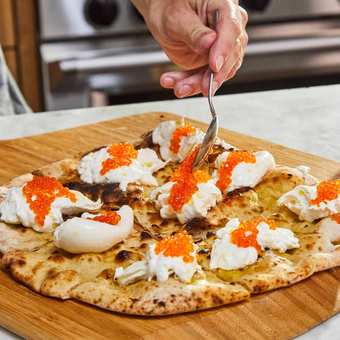 Pizza Crostini with Burrata and Trout Roe