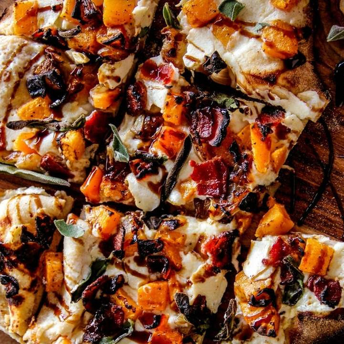 Protein-crust Pizza with Butternut Squash, Bacon, and Caramelized Onion