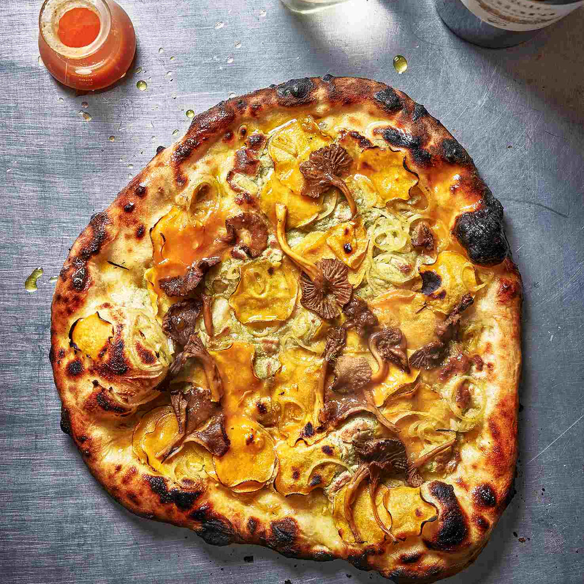 Chanterelle Mushroom Pizza with Sweet Potato and Sour Tomato Sauce