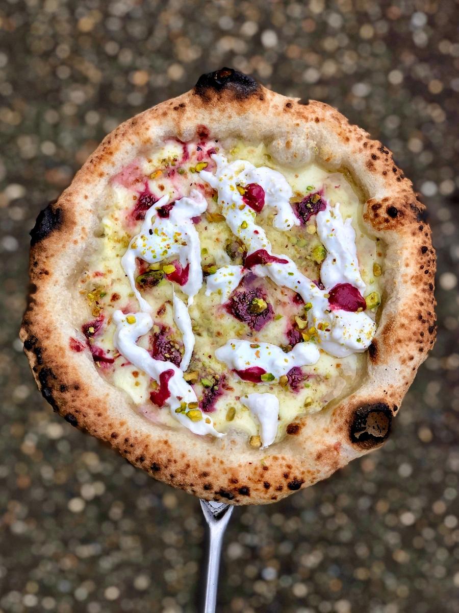 Cheese Pizza with Garlic, Beets Puree, And Pistachio Recipe — Ooni USA