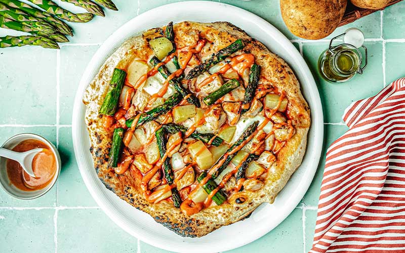 French-Belgium Pizza with Chicken, Potatoes, Asparagus and Spicy