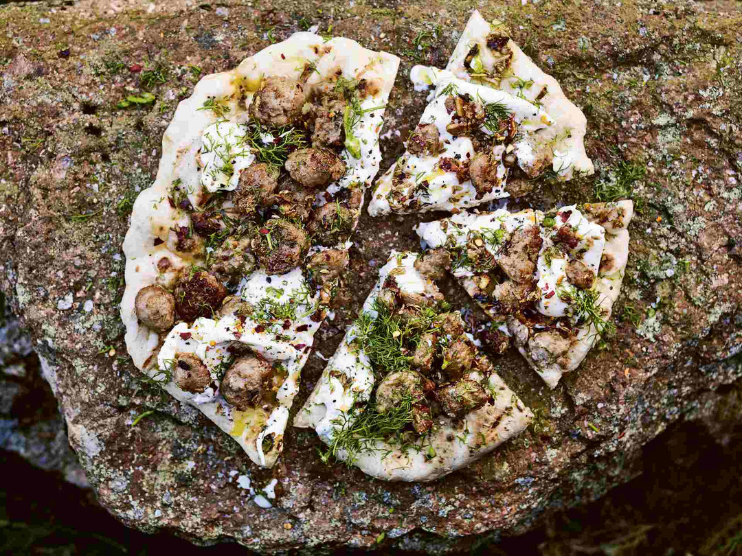 Flatbread with Chile and Fennel Sausage, Burrata and Herbs 