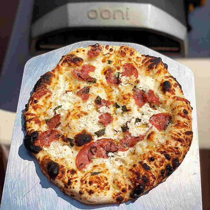 Salami, Goat’s Cheese & Hot Honey White Pizza by Ooni Pizza Ovens