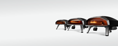 Generation 2 lineup of Ooni Gas Powered pizza ovens displayed on light grey background.