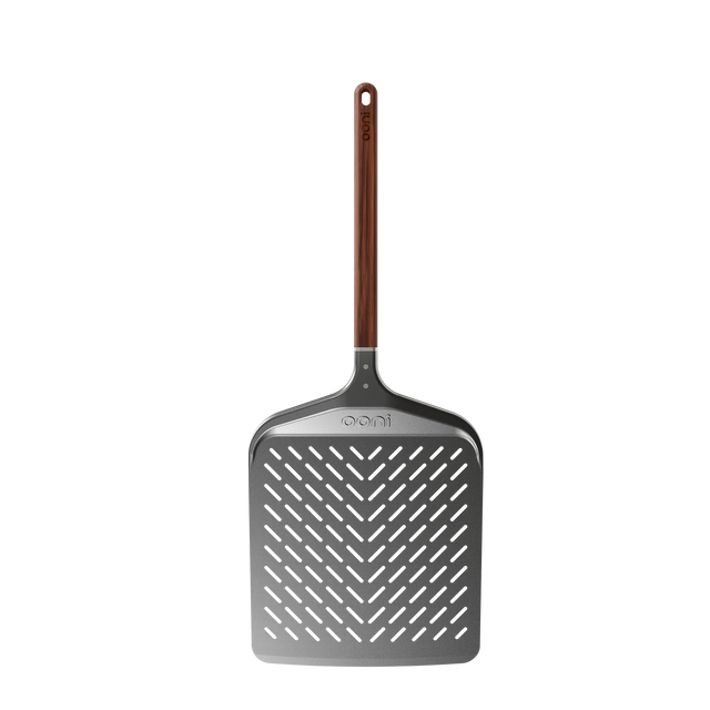 Ooni Signature Perforated Pizza Peel with long wooden handle.
