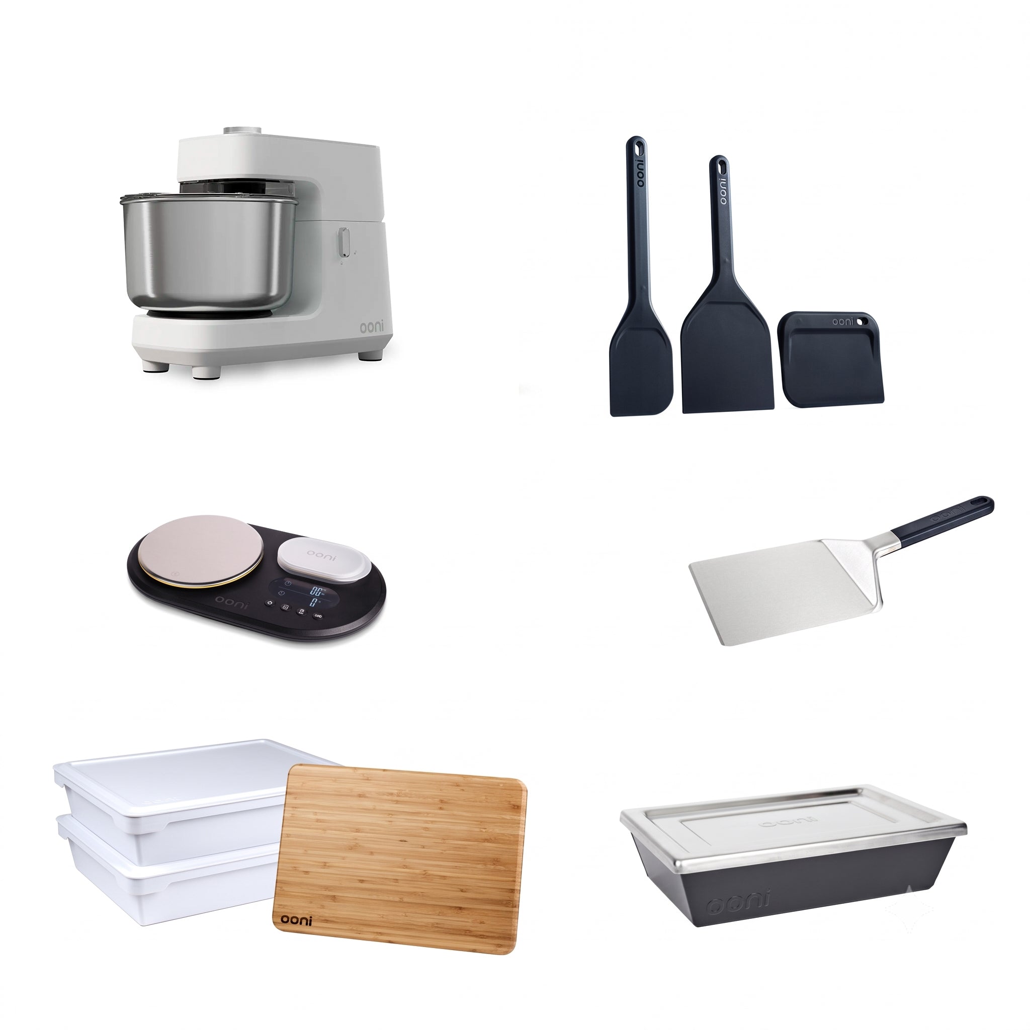 A collage of kitchen products on a white background, including a white stand mixer, two black spatulas, a black square scraper, a digital scale, a metal spatula, two white storage containers, a bamboo cutting board, and a dark gray rectangular baking pan.  #variant-2