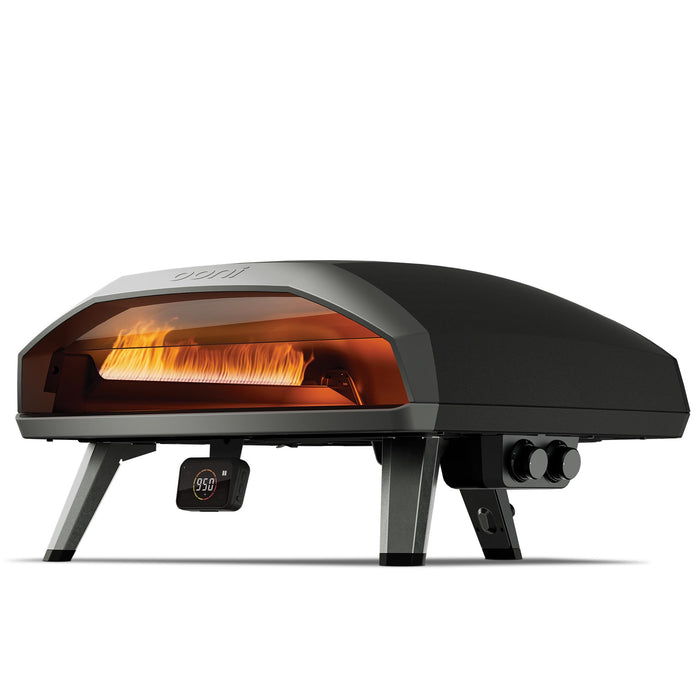 Ooni Koda 2 Max outdoor pizza oven with flame on. | Click this image to open up the product gallery modal. The product gallery modal allows the images to be zoomed in on.
