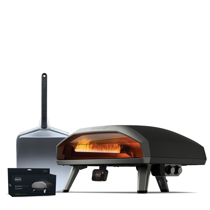 Ooni Koda 2 Max outdoor pizza oven with a pizza peel and cover. | Click this image to open up the product gallery modal. The product gallery modal allows the images to be zoomed in on.