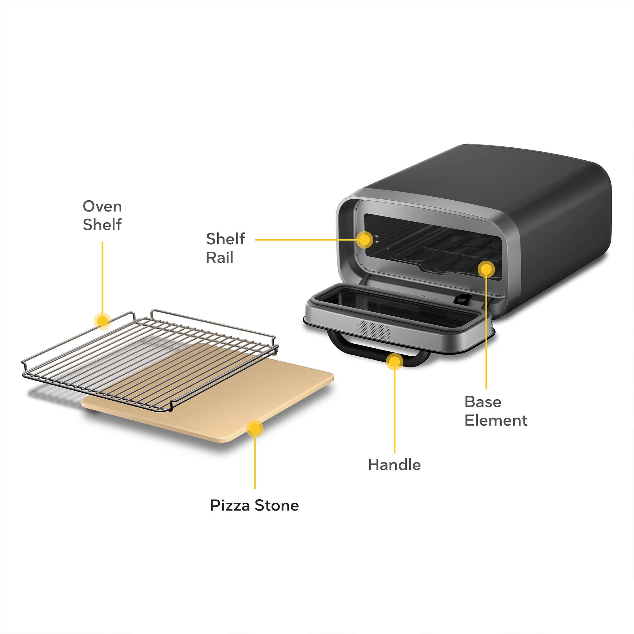 Diagram of the Ooni Volt 2 Electric Pizza Oven with labeled parts on a white background