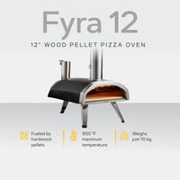 Ooni Fyra 12 12" Wood Pellet Pizza Oven against white background with key features information