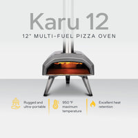 Ooni Karu 12 12" Multi-Fuel Pizza Oven against white background with key features information