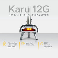 Ooni Karu 12G Multi-Fuel Pizza Oven against white background with key features information 