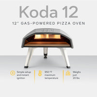 Ooni Koda 12 12" Gas-Powered Pizza Oven against white background with key feature information 