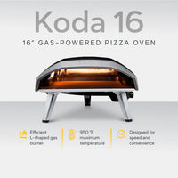 Ooni Koda 16 16" Gas-Powered Pizza Oven against white background with key features information