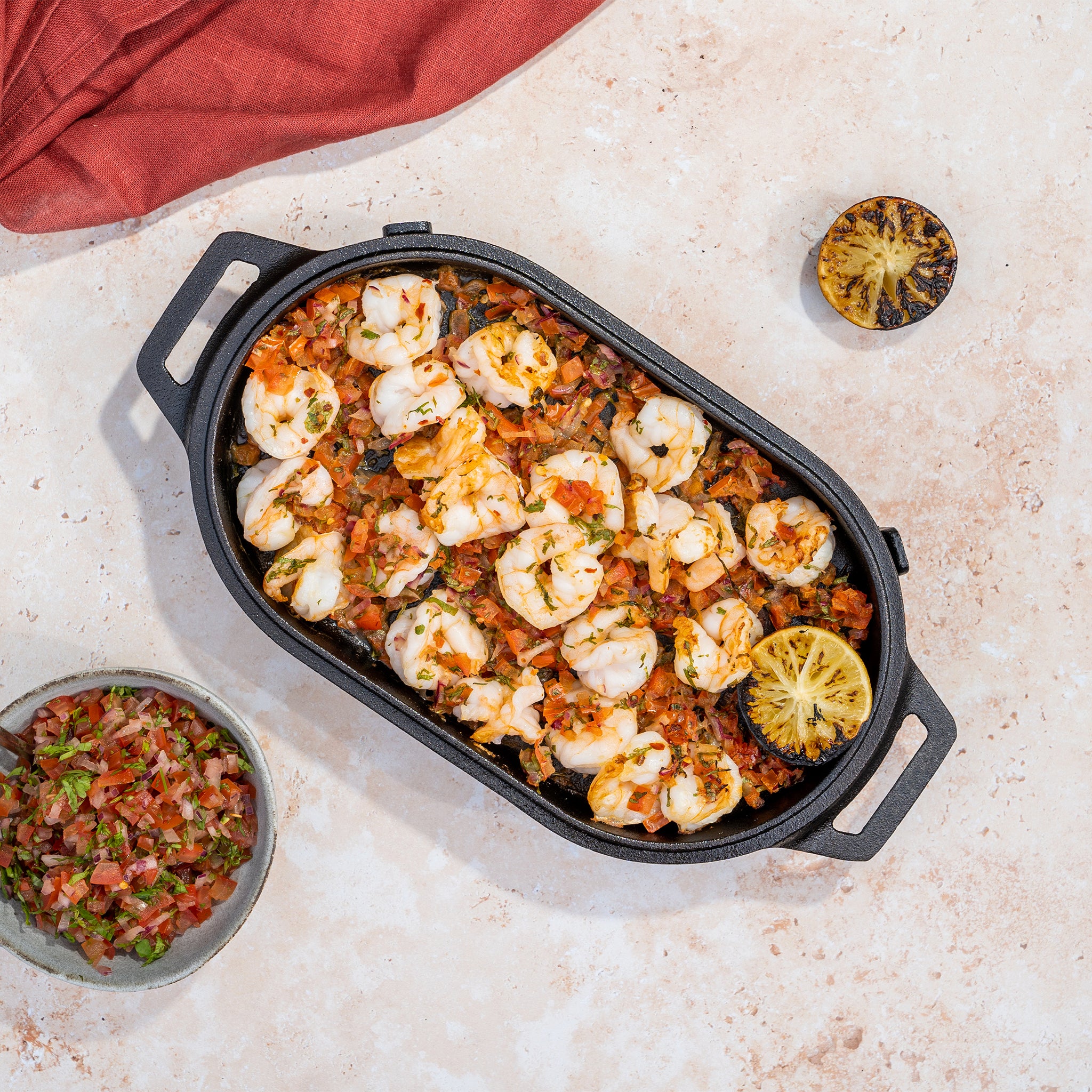 Sizzler pan with shrimp and rice