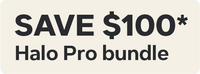 Promotional label for 'Save $100* Halo Pro bundle' on a beige background