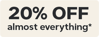 Promotional text indicating 20% off on almost everything with an asterisk symbol.