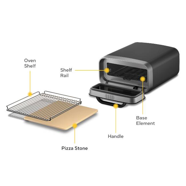 Diagram of the Ooni Volt 2 with labeled parts on a white background