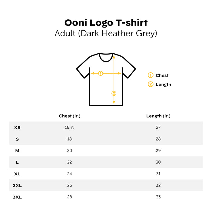 Ooni Logo Dark Grey T-Shirt Size Guide US | Click this image to open up the product gallery modal. The product gallery modal allows the images to be zoomed in on.