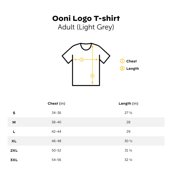 Ooni Light Grey Logo T-Shirt Size Guide US | Click this image to open up the product gallery modal. The product gallery modal allows the images to be zoomed in on.